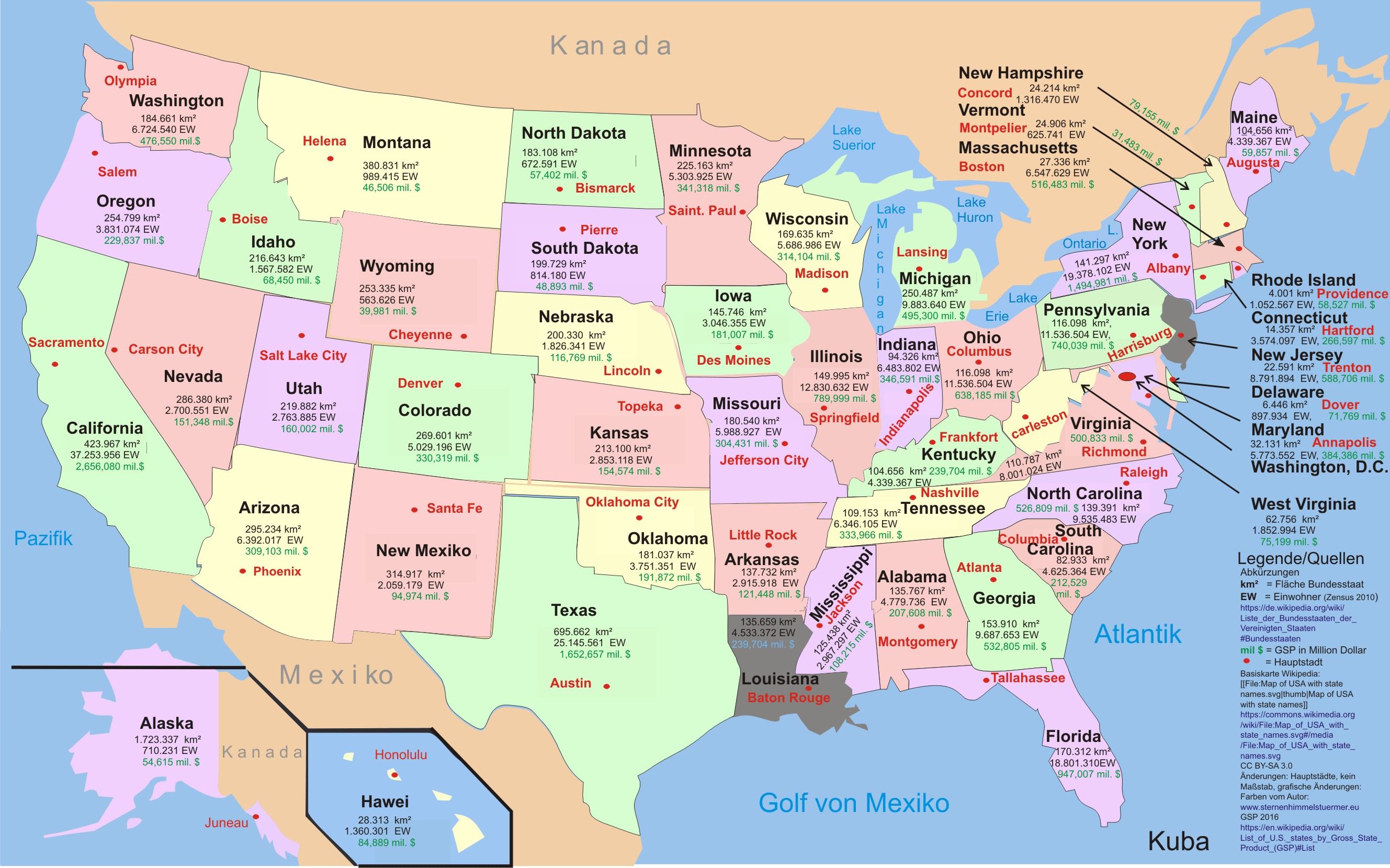 Usa Staaten Und Hauptstädte / USA Karte Staaten und Hauptstädte - USA