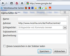 Eigenschaften der Lesezeichen von Firefox 4 und Symbole bzw. Favicon Icons ohne Text nach Löschung von Text.