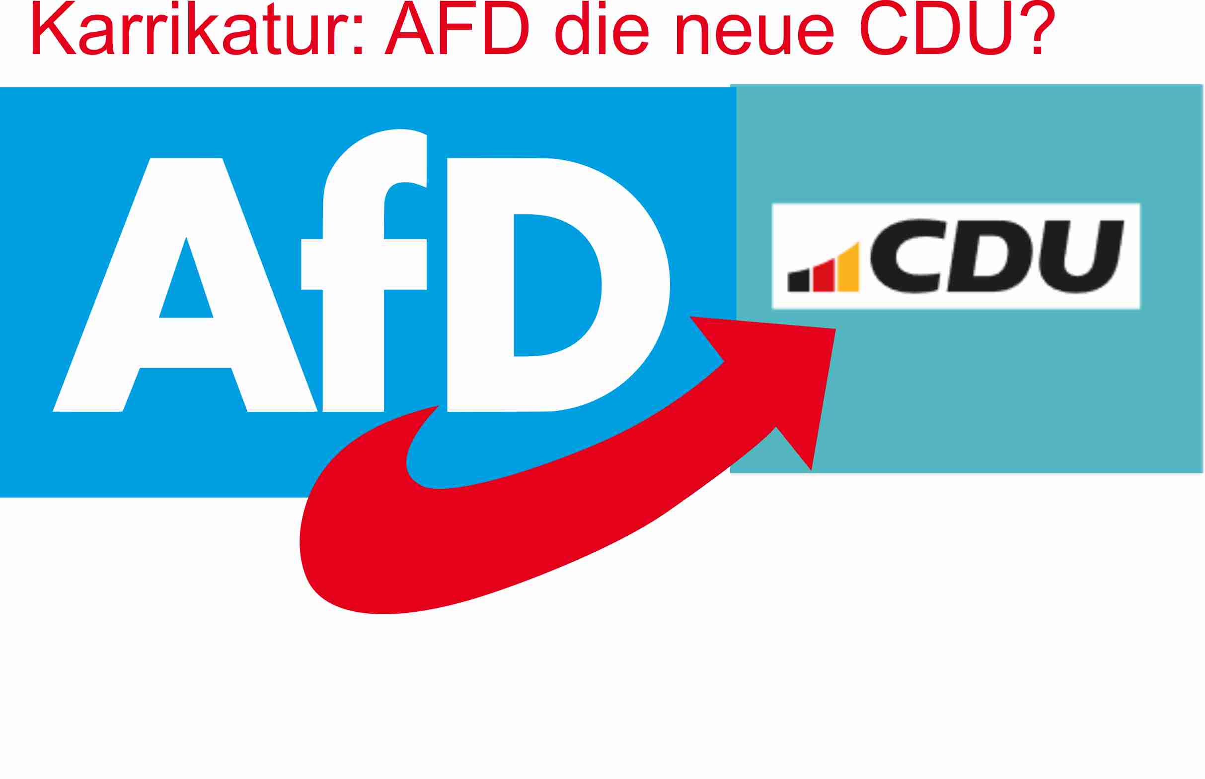 Karikatur von AFD-Logo, welches verschoben wurde und das neue Logo der CDU mit blauen Grund überlappt, wodurch der rote untere Pfeil der AFD auf die Buchstaben CDU zeigt.