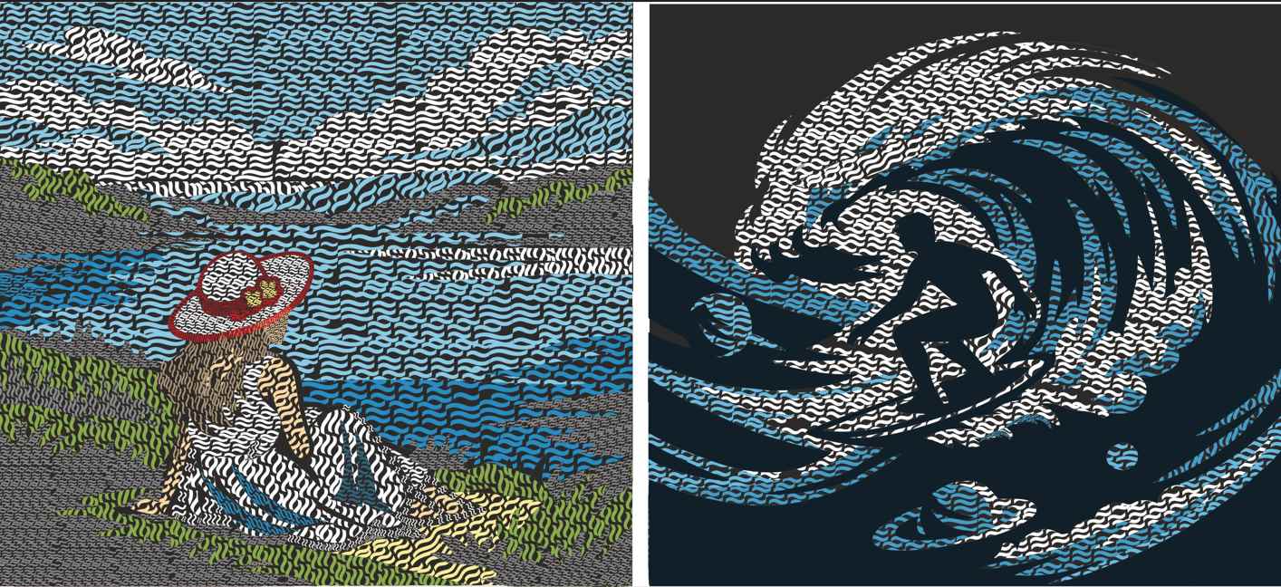 Frau am See und Server im Nichts auf der Welle des sein, zwei Kunstwerke im Stil des neugeschaffenen Oscilismus