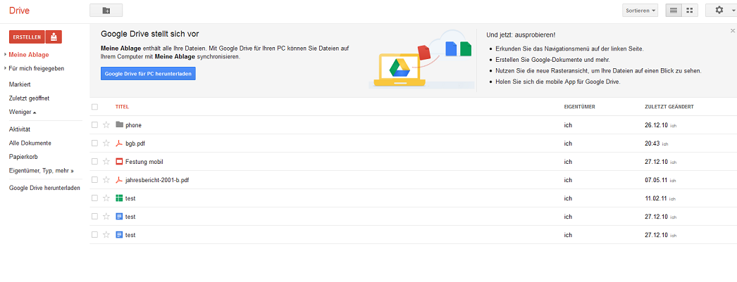 Benutzeroberfläche von Google Drive